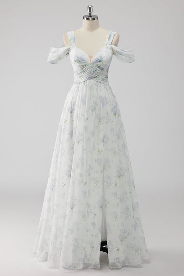 White Floral Cold Shoulder A Line Wedding Guest Dress with Slit